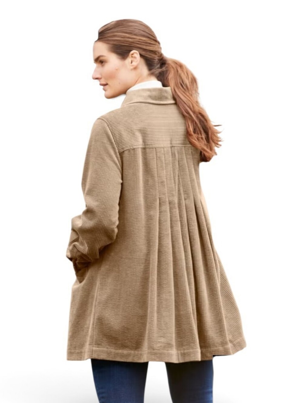 Corduroy Button-Front Jacket with Pleated Back in Beige